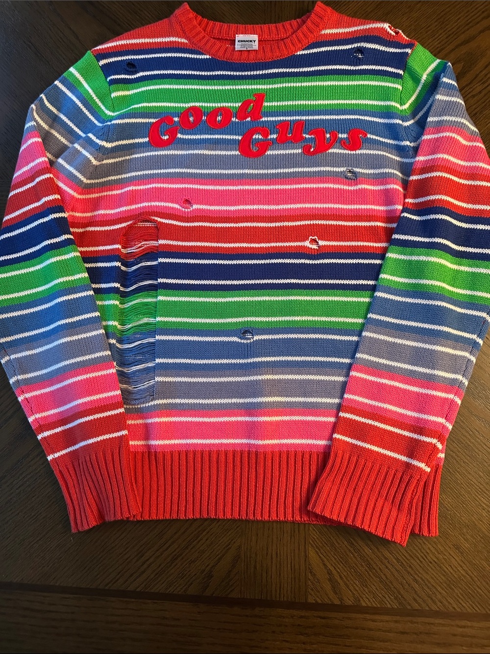 Chucky doll costume (Good Guys) Multicolor Striped Crewneck Sweater - Red Accent